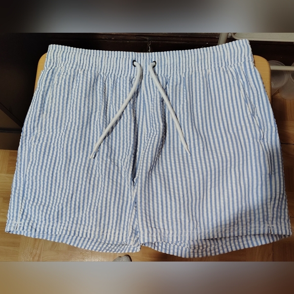 J Crew Swim Trunks Mens Medium Blue White Seersucker Lined 6" Shorts Surf Flex - Picture 3 of 12